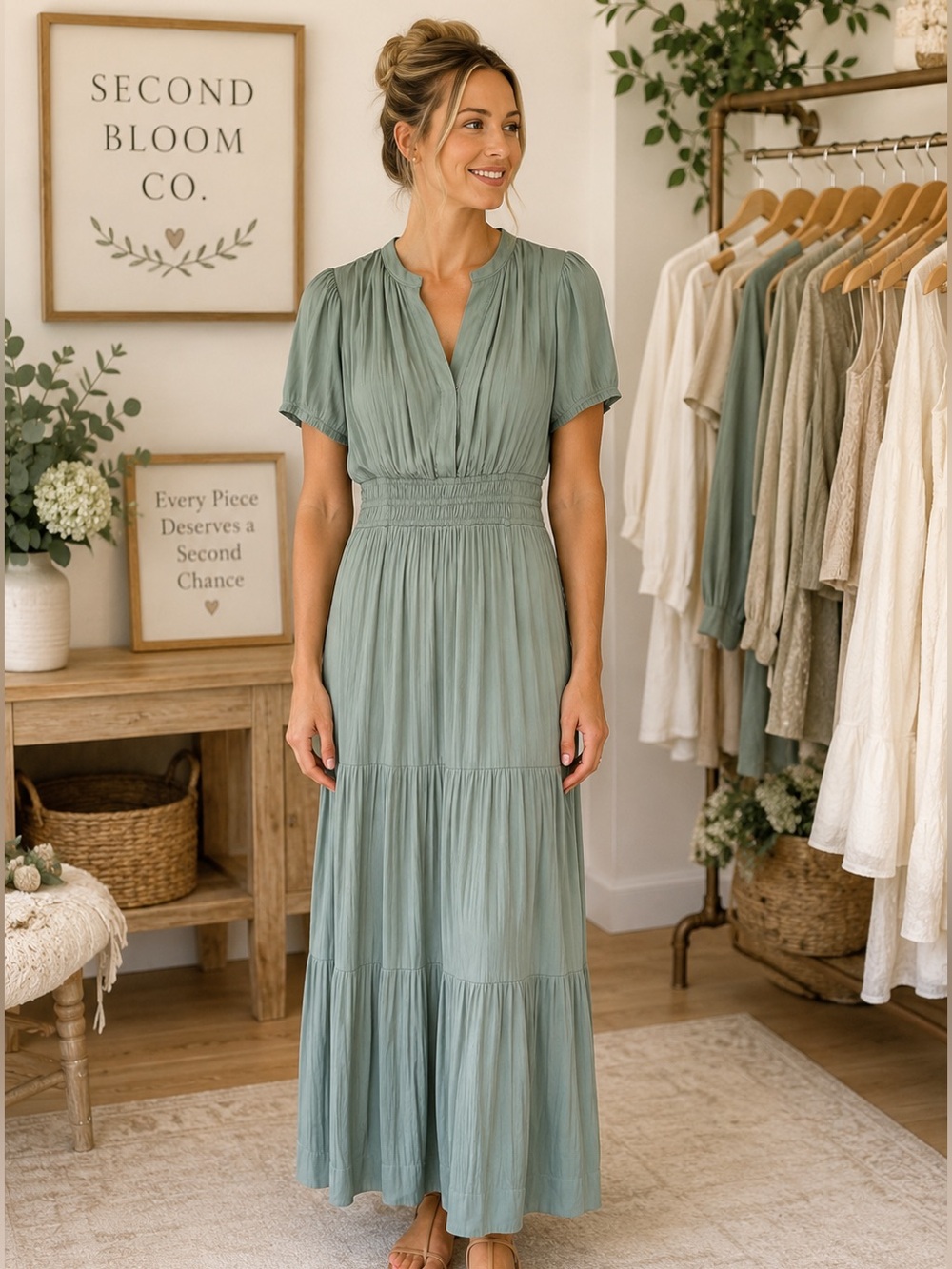 Joie Sage Green Pleated Tiered Maxi Dress Size Small